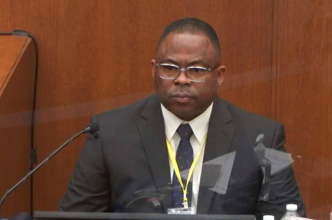 In this image from video, witness Jody Stiger, a Los Angeles Police Department sergeant testifies as Hennepin County Judge Peter Cahill presides Wednesday, April 7, 2021, in the trial of former Minneapolis police Officer Derek Chauvin at the Hennepin County Courthouse in Minneapolis. Chauvin is charged in the May 25, 2020 death of George Floyd. (Court TV via AP, Pool)