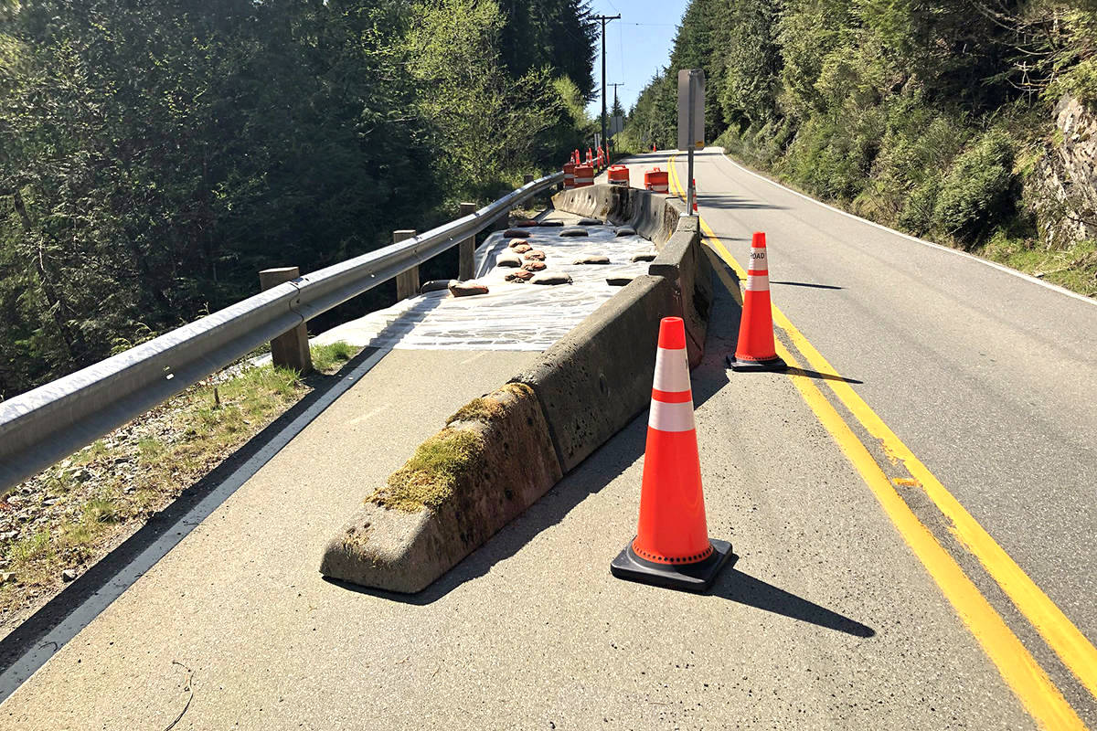This stretch of Highway 14 on Parkinson Hill near Port Renfrew is undergoing reconstruction following a road washout in 2018. (Ministry of Transportation photo)