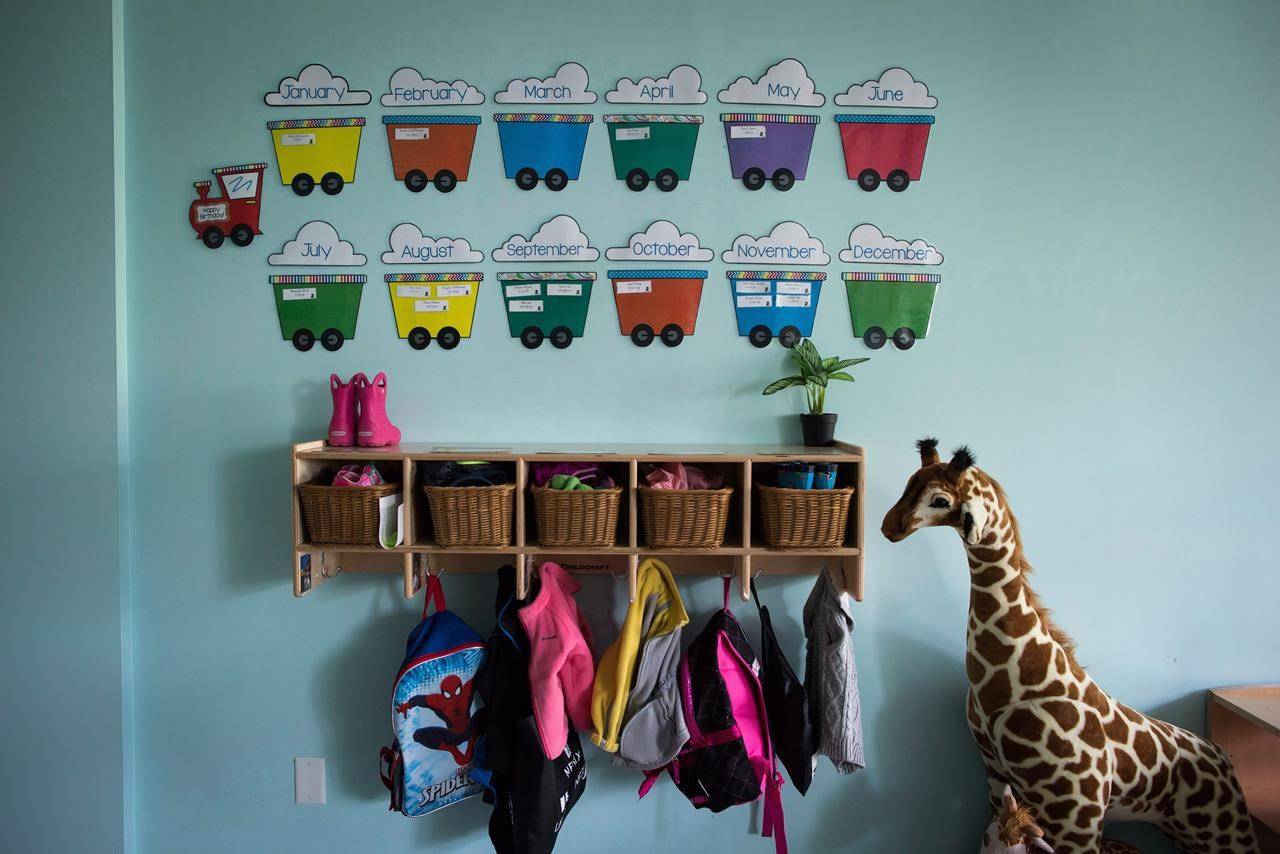 The federal government is diving into the deep end of child care, promising billions in new spending for provinces tocreate spaces and drive down fees. Children’s backpacks and shoes are seen at a CEFA (Core Education and Fine Arts) Early Learning daycare franchise, in Langley, B.C., on Tuesday May 29, 2018. THE CANADIAN PRESS/Darryl Dyck