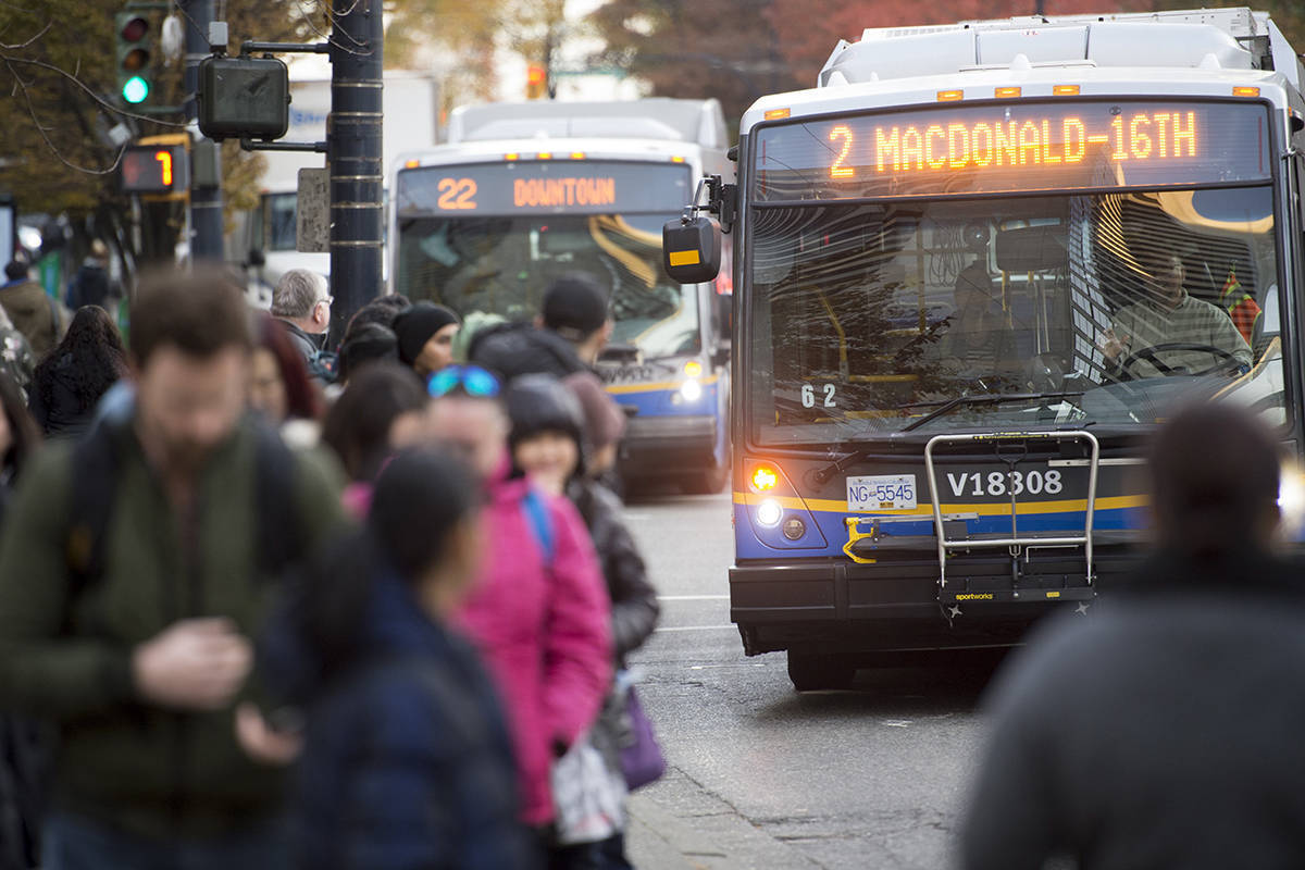 FILE – A bus is pictured in downtown Vancouver, Friday, November, 1, 2019. THE CANADIAN PRESS/Jonathan Hayward