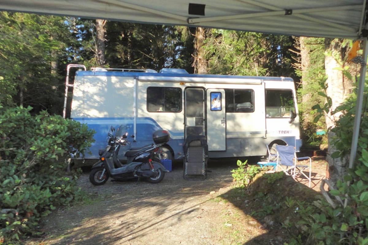 A 26-foot recreational vehicle was stolen from a Qualicum Beach property early Wednesday morning, April 21. Police found the stolen vehicle nearly three hours later in Whiskey Creek. (Facebook photo)