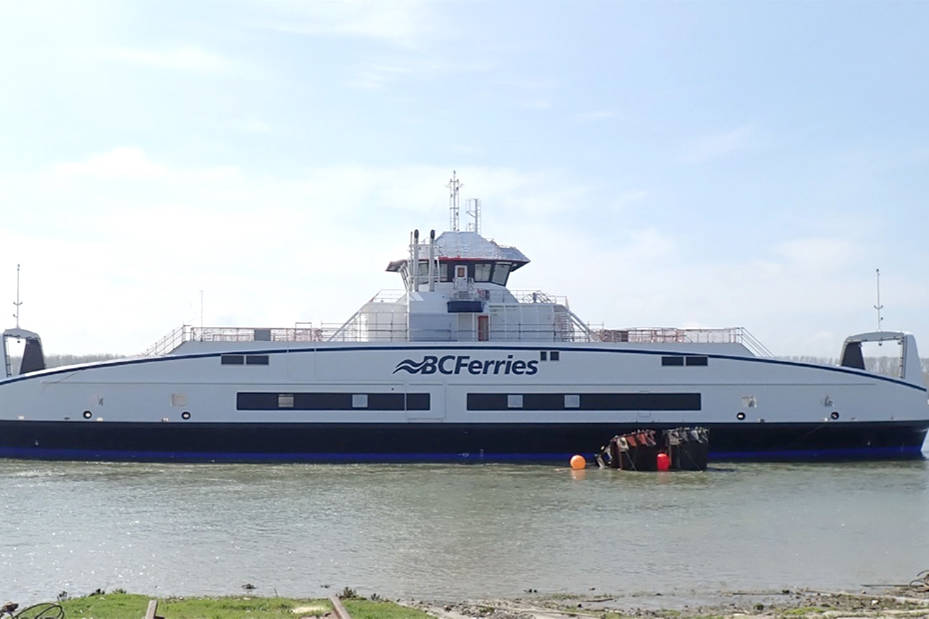 B.C. Ferries’ sixth Island-class vessel launches at Damen Shipyards Galati in Romania. The ship is the second of two that will service the Nanaimo-Gabriola Island route starting in 2022. (Photo submitted)