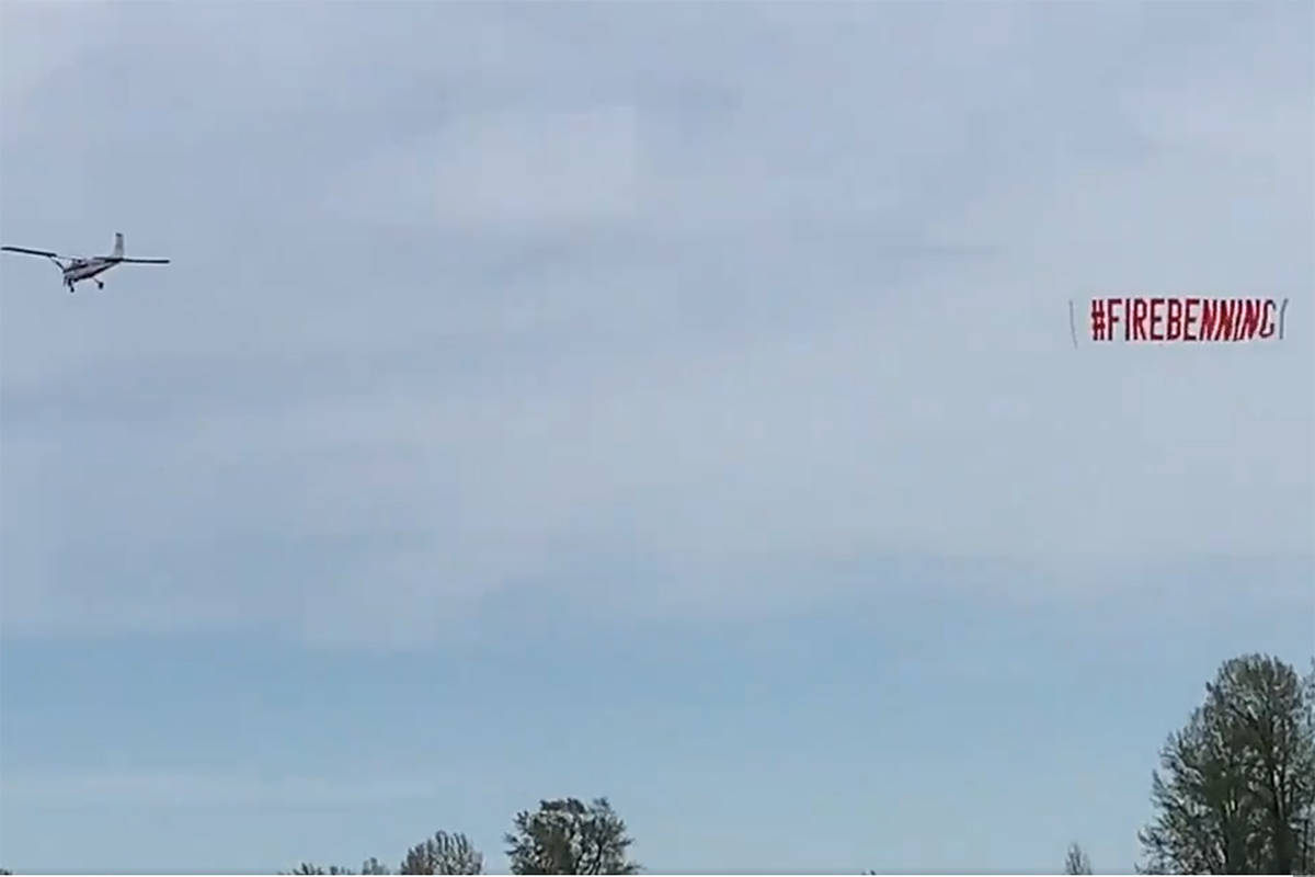 A plan flew over the Lower Mainland with a sign expressing some Canucks fans’ discontent with the team’s general manager. (Niqhil Velji - Twitter Screenshot)