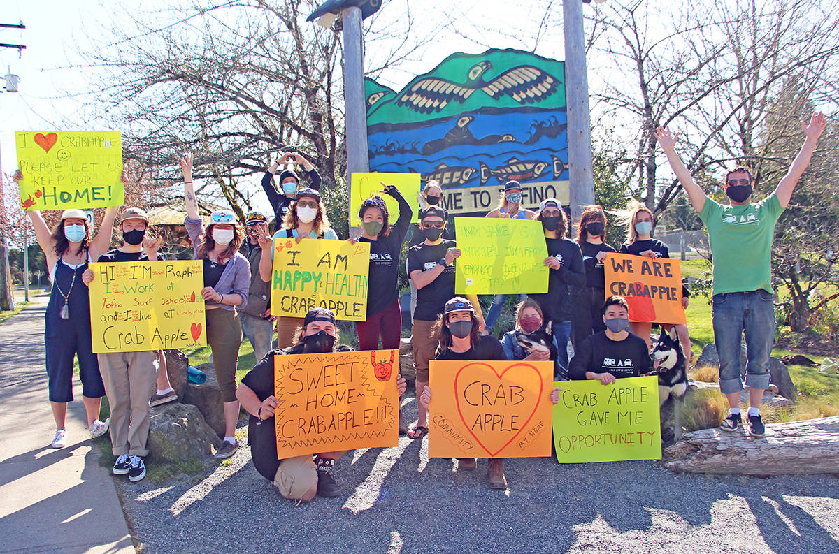 Residents and supporters of Tofino’s Crab Apple Campground gathered at the Village Green on April 13 to draw attention to their concerns over losing their homes. (Andrew Bailey photo)