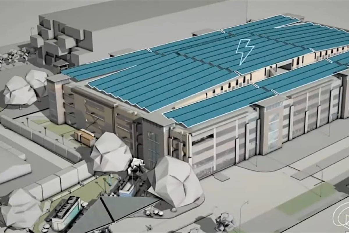 Solar panels on a parking garage at the University of B.C. will be used to separate water into oxygen and hydrogen, the latter captured to supply a vehicle filling station. (UBC video)
