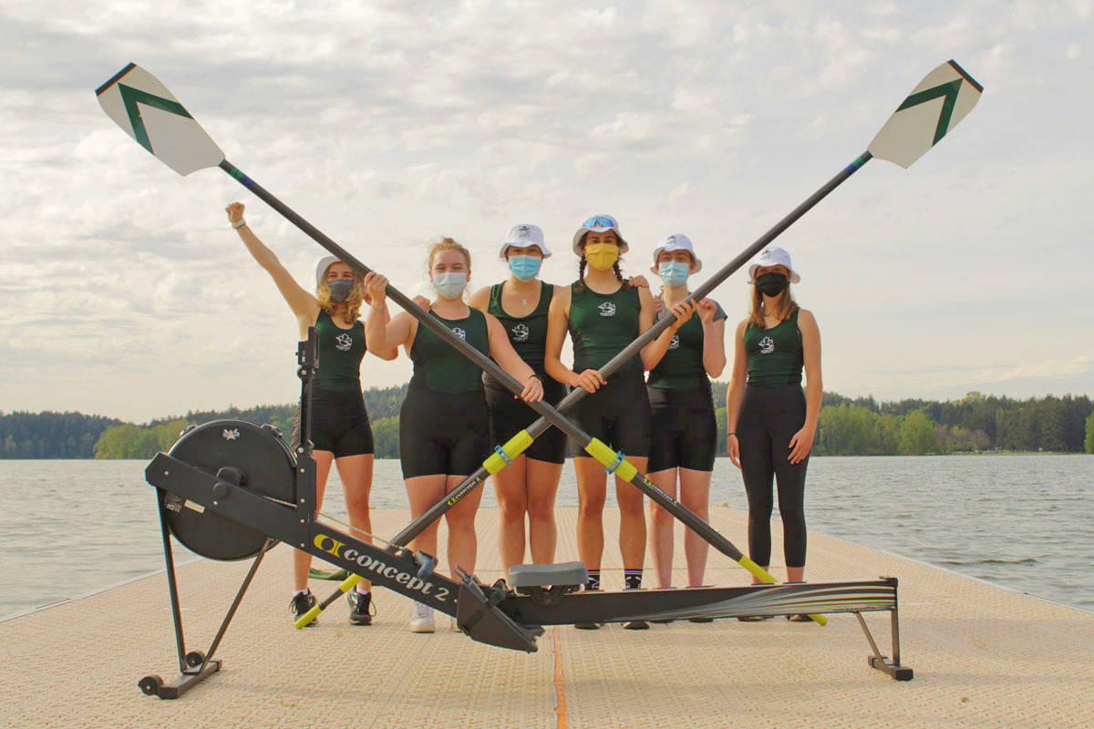 Junior rowers with the Victoria City Rowing Club, (left to right) Teagan Zecher, Eryn Whale, Hui-Lin Shan, Willow Tzonev, Quinn Parfitt and Stella Graham, won the Rowing Canada Aviron Row to Tokyo challenge and are looking forward to getting back in the crew boats after the pandemic. (Devon Bidal/News Staff)