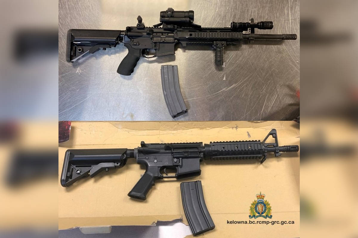 The top photo is of a real carbine rifle, while the bottom photo is the airsoft rifle seized from a Kelowna man on May 15. (Contributed)