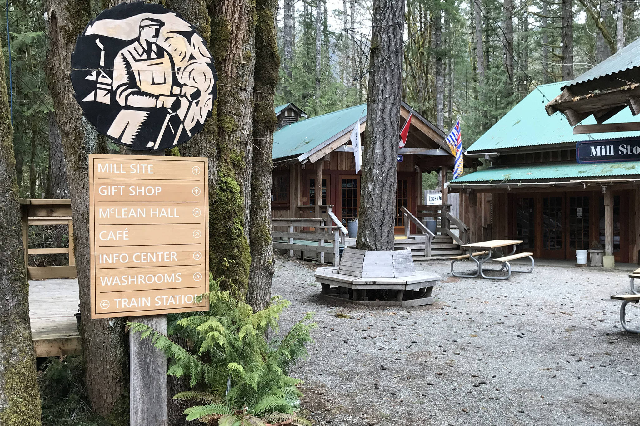 The visitors’ centre and courtyard are the first places that greet visitors to McLean Mill National Historic Site in Port Alberni, B.C. (SUSAN QUINN/ Alberni Valley News)