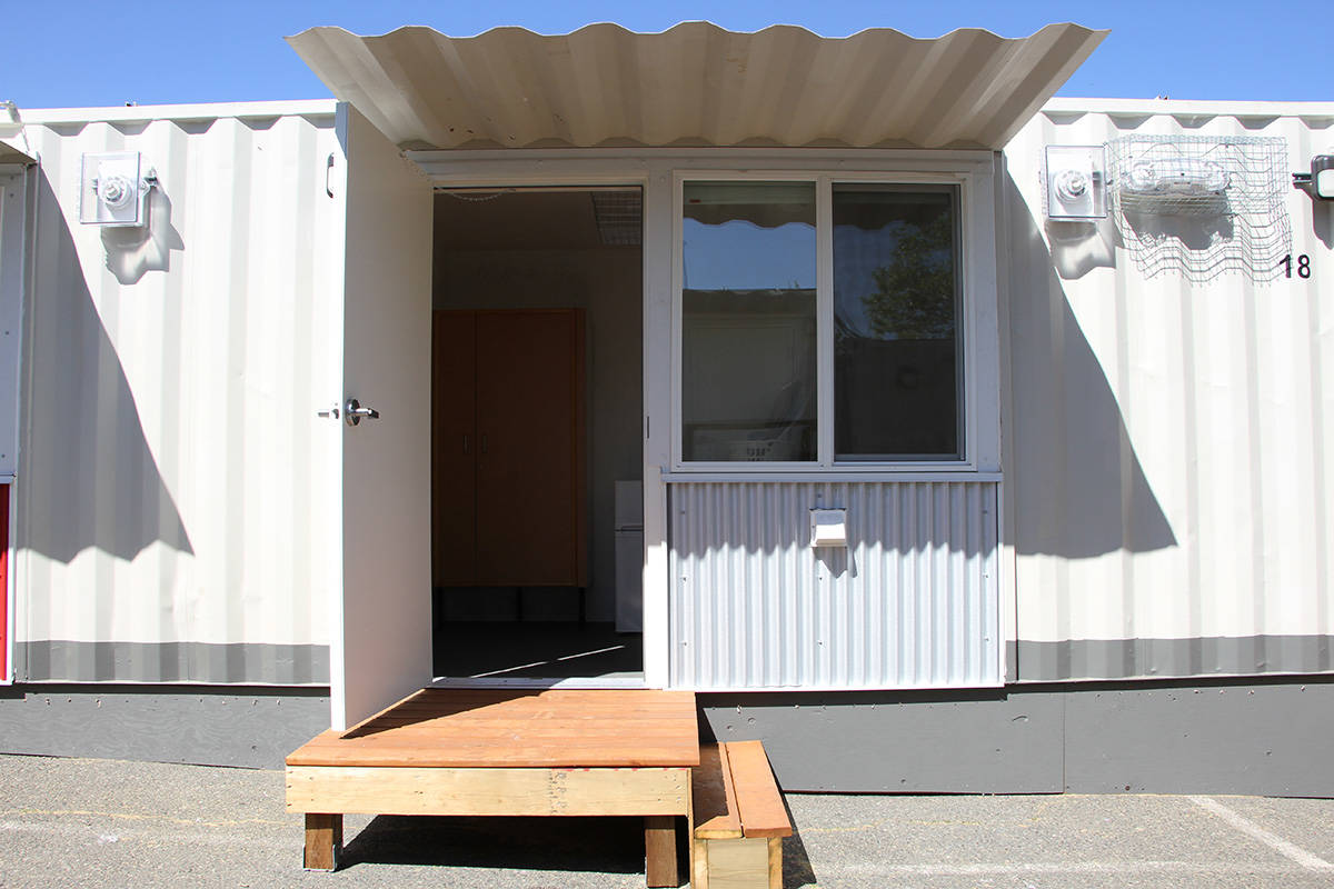 The entrance to one of the tiny homes in Victoria’s Tiny Home Village. (Kiernan Green/News Staff)