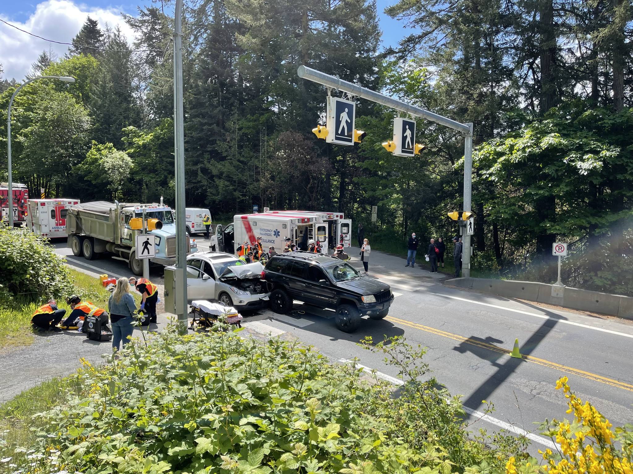 A three-vehice crash brought traffic down to single-lane alternating on Sooke Road Tuesday mid-day. (Submitted/Derek Lewers)