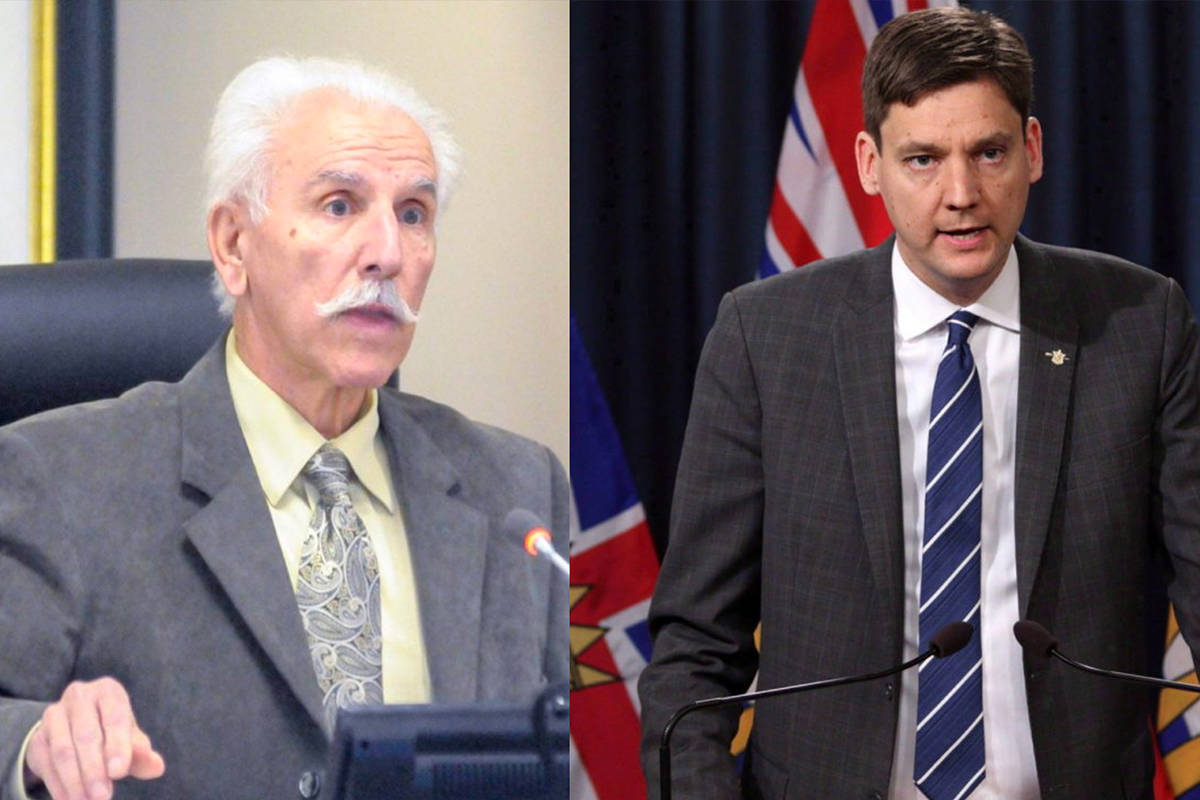 Penticton mayor John Vassilaki and Minister of Housing David Eby have been battling over the Victory Church shelter and BC Housing projects in the city. (File photos)