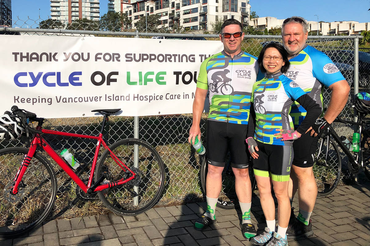 Graham Hales, left, Sally Chan and Ted Pennell are the original members of Breaking Wind, a team of cyclists that raises funds for the Victoria Hospice Society through the Cycle of Life Tour. (Photo contributed by Graham Hales)