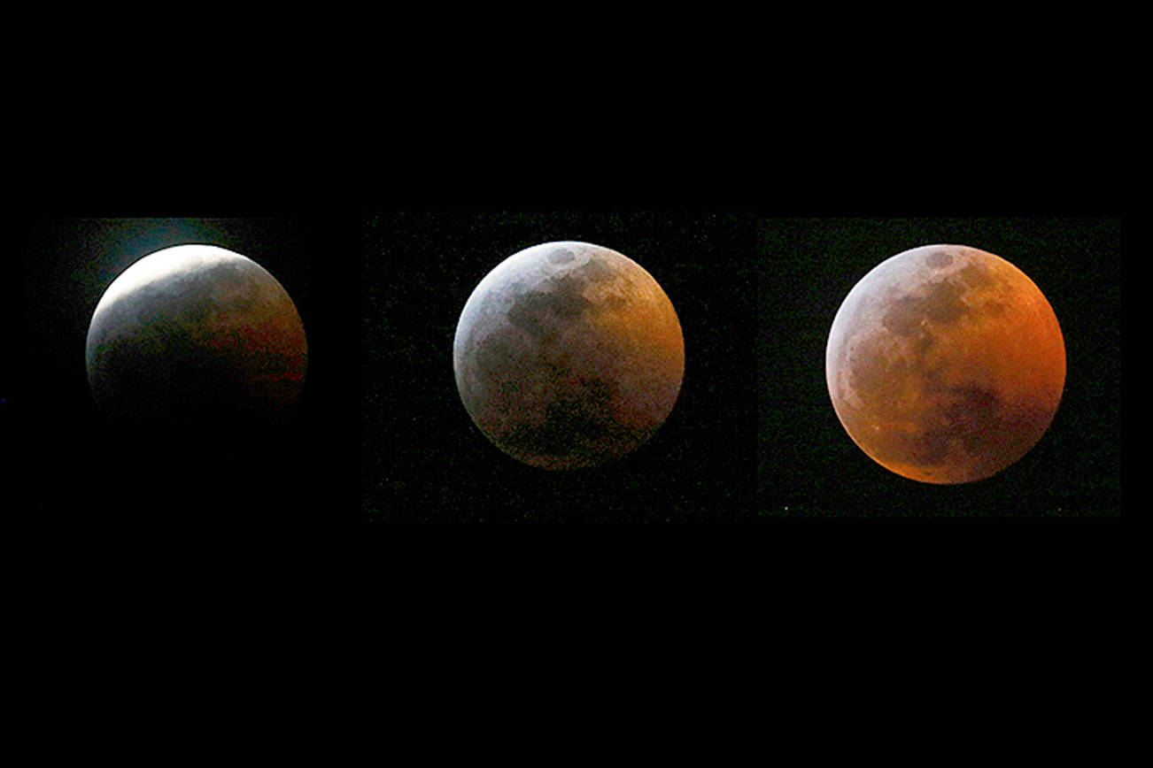 Combination photo shows the different stages of the blood moon and supermoon during a total lunar eclipse in 2019. (AP Photo/Ringo H.W. Chiu)
