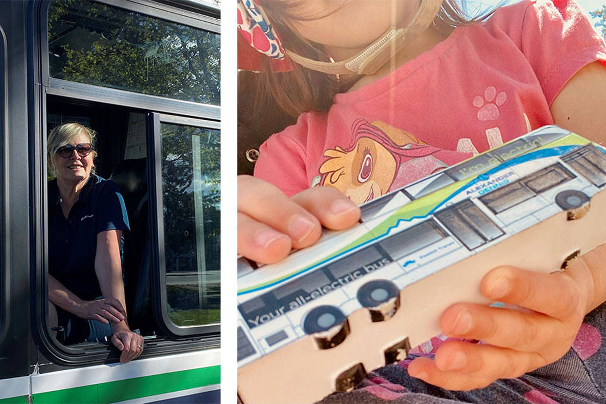 Debbie Simpson (left), who drives the No. 14 bus between the University of Victoria and Victoria General Hospital, made a connection with two-year-old bus-lover Adalyn Wall (right) and brought her a BC Transit goodie bag on May 5. (Photo courtesy BC Transit)