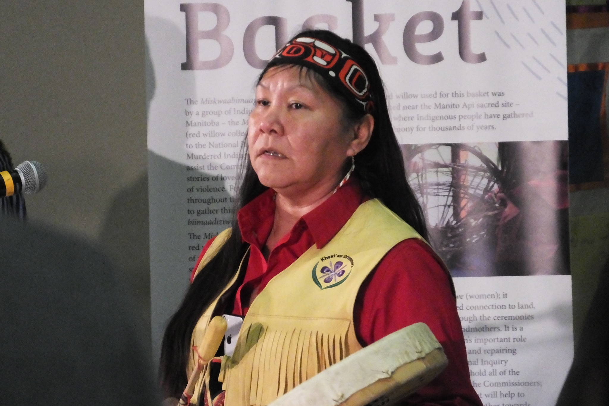 Brenda Wilson shares a song at the Inquiry into Missing and Murdered Indigenous Women and Girls hearings in Smithers. (Chris Gareau photo)