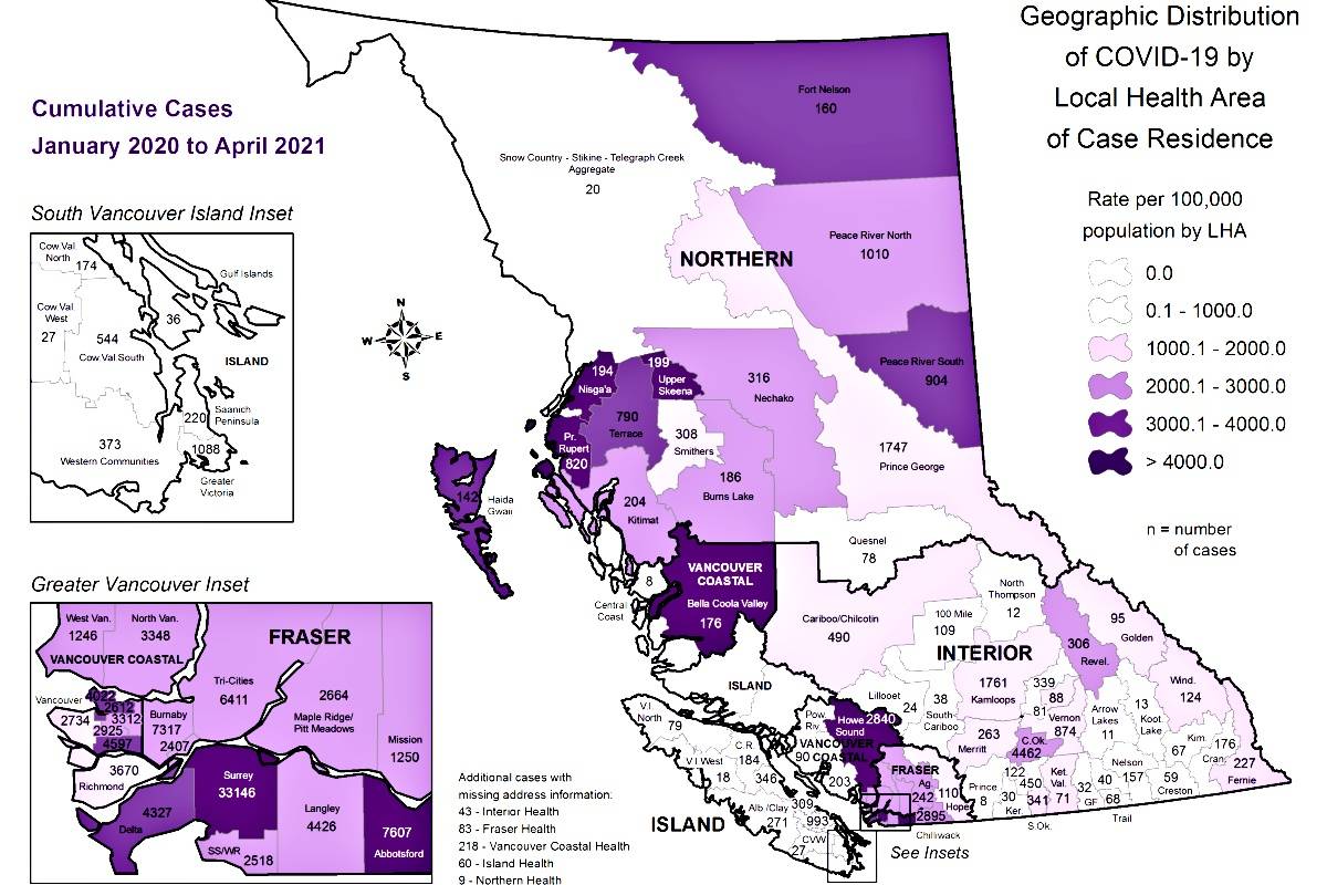 BC Center of Disease Control mapping shows the culmative COVID-19 cases since January 2020, across the provinces health regions. (Image: BC CDC)