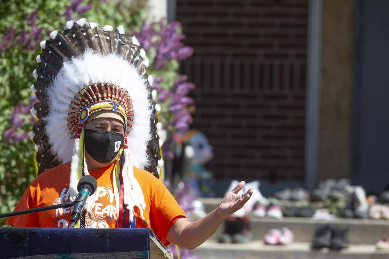 FSIN Chief Bobby Cameron speaks during a press conference and prayer vigil at the former Muscowequan Indian Residential School in Saskatchewan at Muskowekwan First Nation, Sask., on Tuesday, June 1, 2021. THE CANADIAN PRESS/Kayle Neis