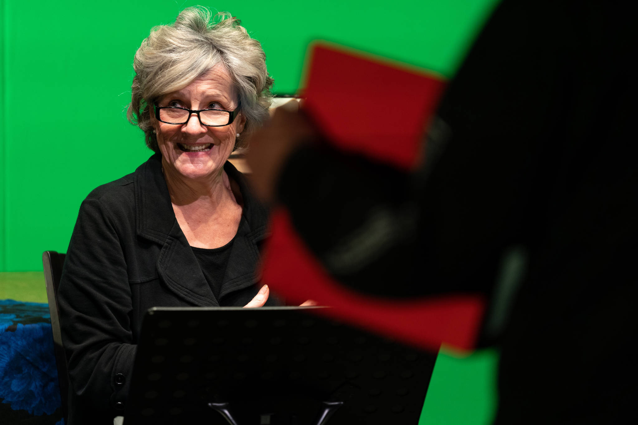 Actor Patti Allan on set during a rehearsal of Taking Shakespeare, which streams online through June 13, courtesy of the Belfry Theatre. (Photo by Mark Halliday Creative Team)