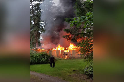 A 30x40 ft boat/car shop in the Little River area near Wilkinson Road was fully involved by the time firefighters arrived on scene. Photo by Comox Fire Rescue