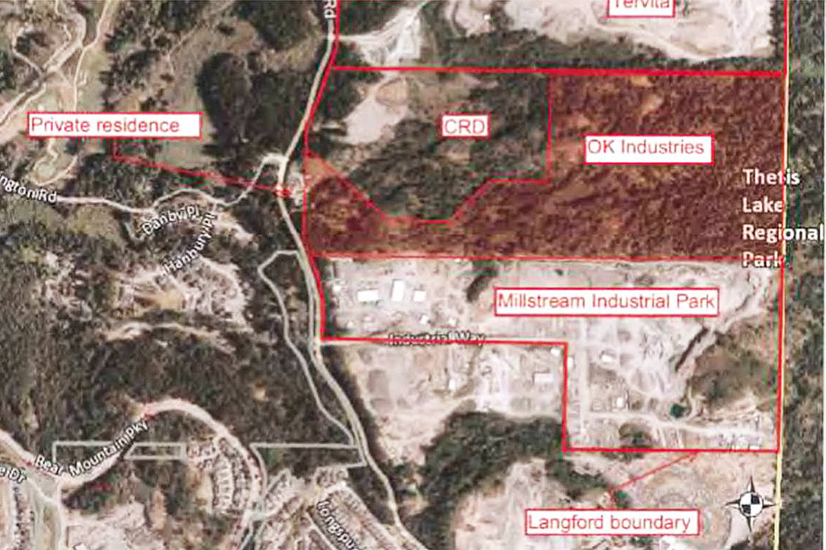 O.K. Industries is building a quarry next to Capital Regional District land, as shown in this map from the rezoning applicaiton. (Photo courtesy District of Highlands)