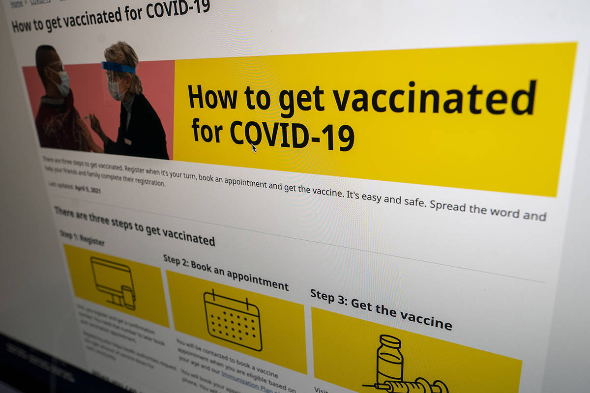 The B.C. government’s vaccine booking website is busy processing second-dose appointments, with more than 76 per cent of adults having received a first dose. THE CANADIAN PRESS/Jonathan Hayward