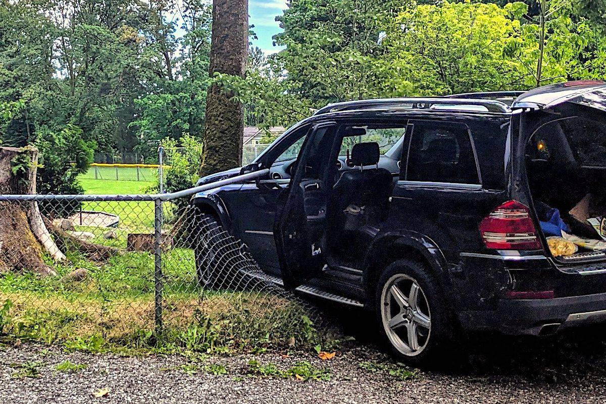 A 50-year-old woman lost control of her vehicle Tuesday, June 15, crashing through a West Vancouver school fence that surrounds playing children. (West Vancouver Police)