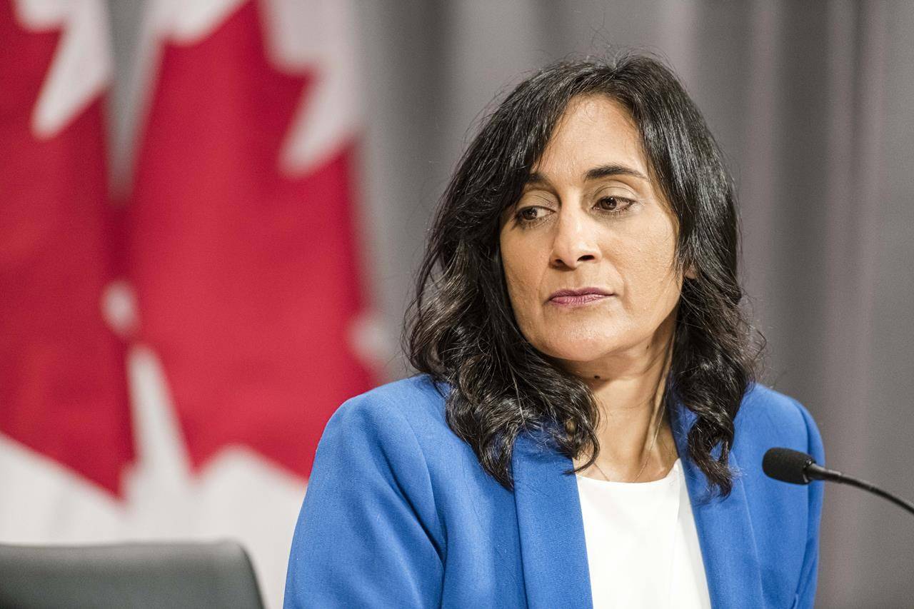FILE – Anita Anand, Minister of Public Services and Procurement makes an announcement regarding vaccine procurement, in Toronto, on Wed., Aug., 5, 2020. Canada has informed a global vaccine procurement program that it wants to be part of the entire process and the financial commitment to make it official is coming hopefully by the end of the week.THE CANADIAN PRESS/Christopher Katsarov
