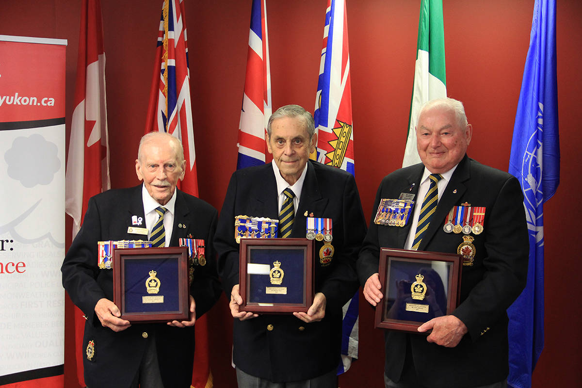 Gerry Vowles (left), Michael Cook, and Dave Sinclair were awarded “Dominion Command Presidential Citations” June 17 in Cloverdale. The rare awards were given out for “exemplary service to the Legion.” (Photo: Malin Jordan)