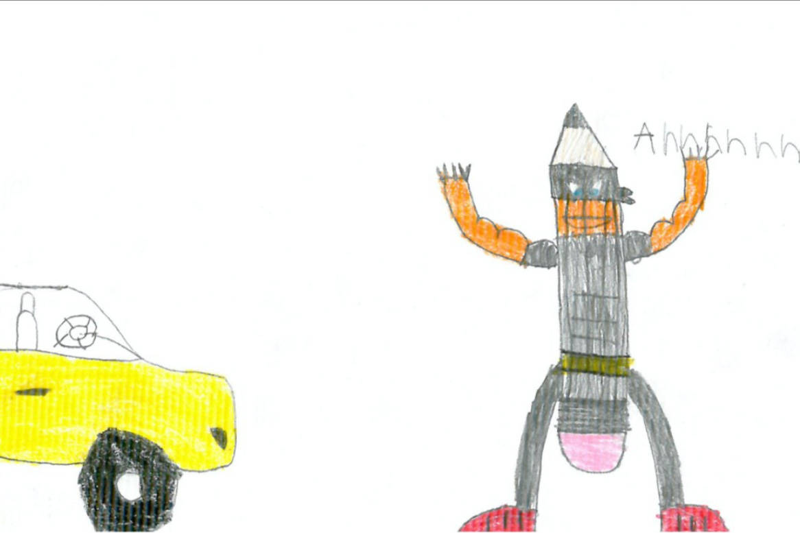 Pencil ninja is just one of the many stories from the minds of local youth on display in Victoria shop windows now through July 2. (Drawing courtesy Story Studio)