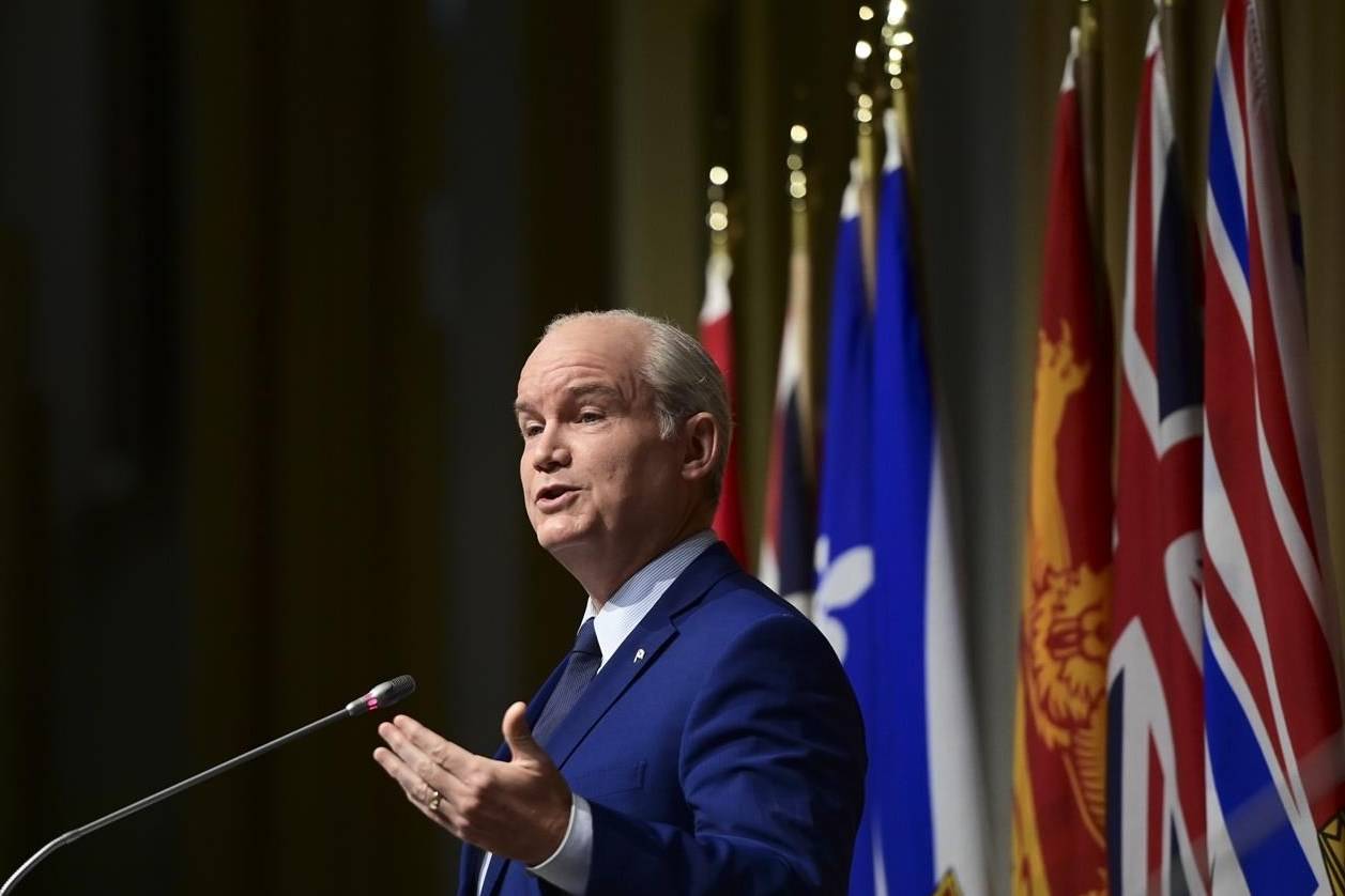 Conservative Leader Erin O’Toole addresses the Conservative caucus during a meeting in Ottawa on Wednesday, June 23, 2021. THE CANADIAN PRESS/Sean Kilpatrick