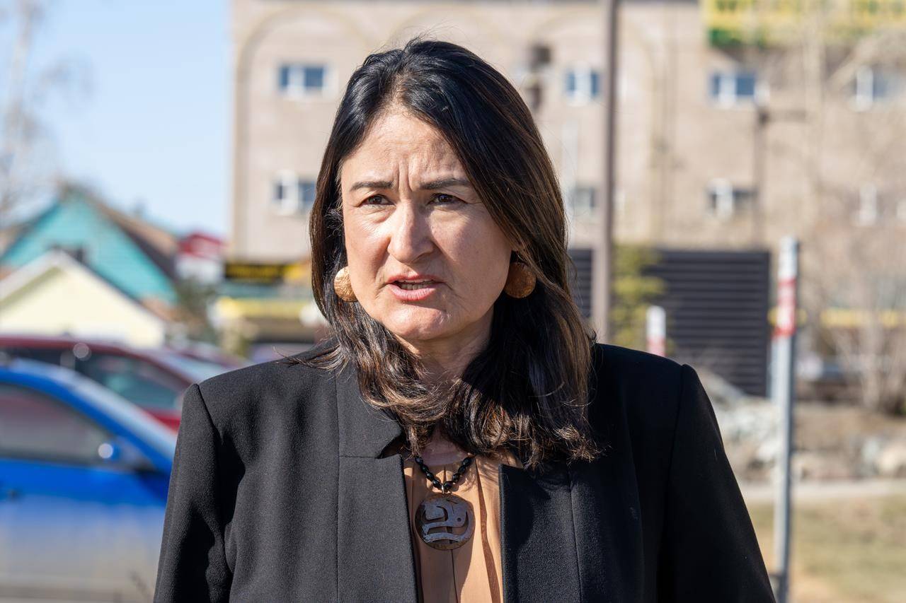 Yukon Liberal Party candidate Pauline Frost speaks with media following a judicial recount of the riding of Vuntut Gwitchin’s results of the Yukon election, in Whitehorse, Monday, April 19, 2021. THE CANADIAN PRESS/Mark Kelly