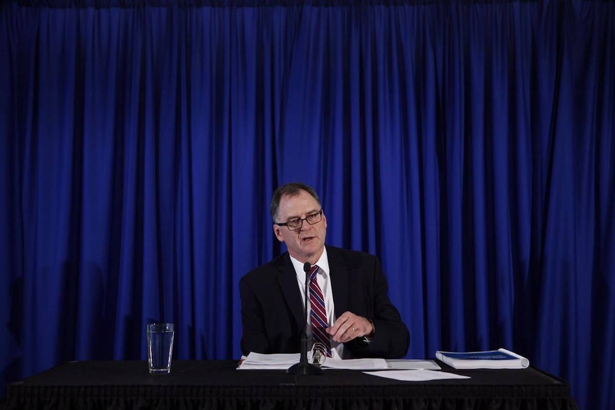 Ombudsperson Jay Chalke speaks during a press conference in Victoria, Thursday, April 6, 2017. THE CANADIAN PRESS/Chad Hipolito