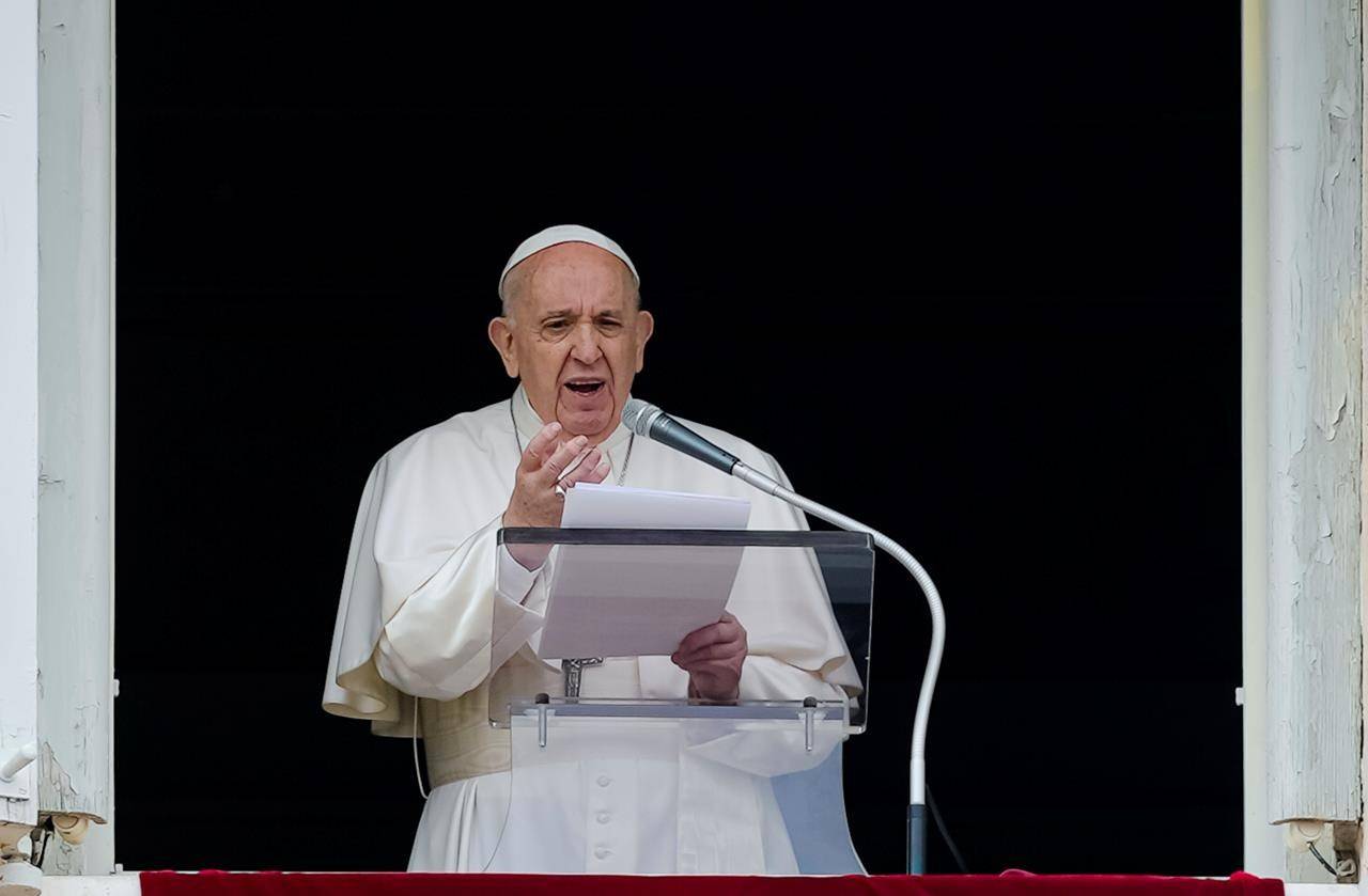 Pope Francis speaks from the window of his studio overlooking St. Peter’s Square at The Vatican to a crowd of faithful and pilgrims gathered for the Sunday Angelus noon prayer, on June 6, 2021. THE CANADIAN PRESS/AP, Domenico Stinellis