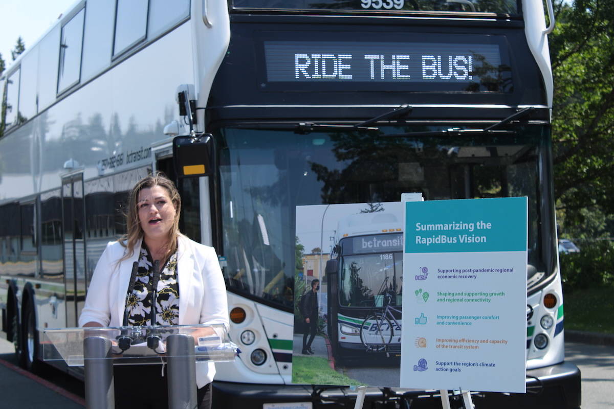 Christy Ridout, BC Transit’s vice-president of business development, outlines Greater Victoria’s RapidBus initiative, which will aim to better connect areas with the highest travel demand in the region, including the West Shore. (Jake Romphf/News Staff)