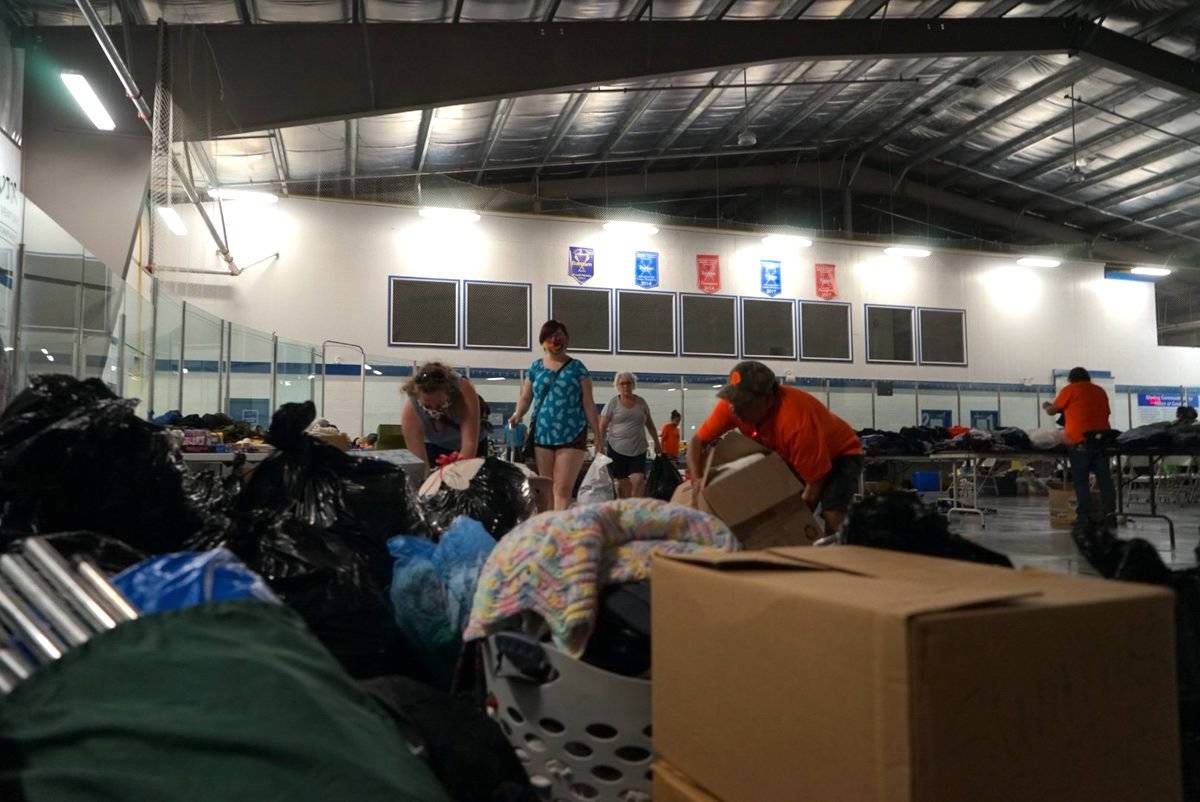 Donations are pouring in at the Shulus Community Arena in Lower Nicola for Lytton evacuees. Everything from food to clothes to bedding is being donated by locals. (Michael Rodriguez/Black Press Media)