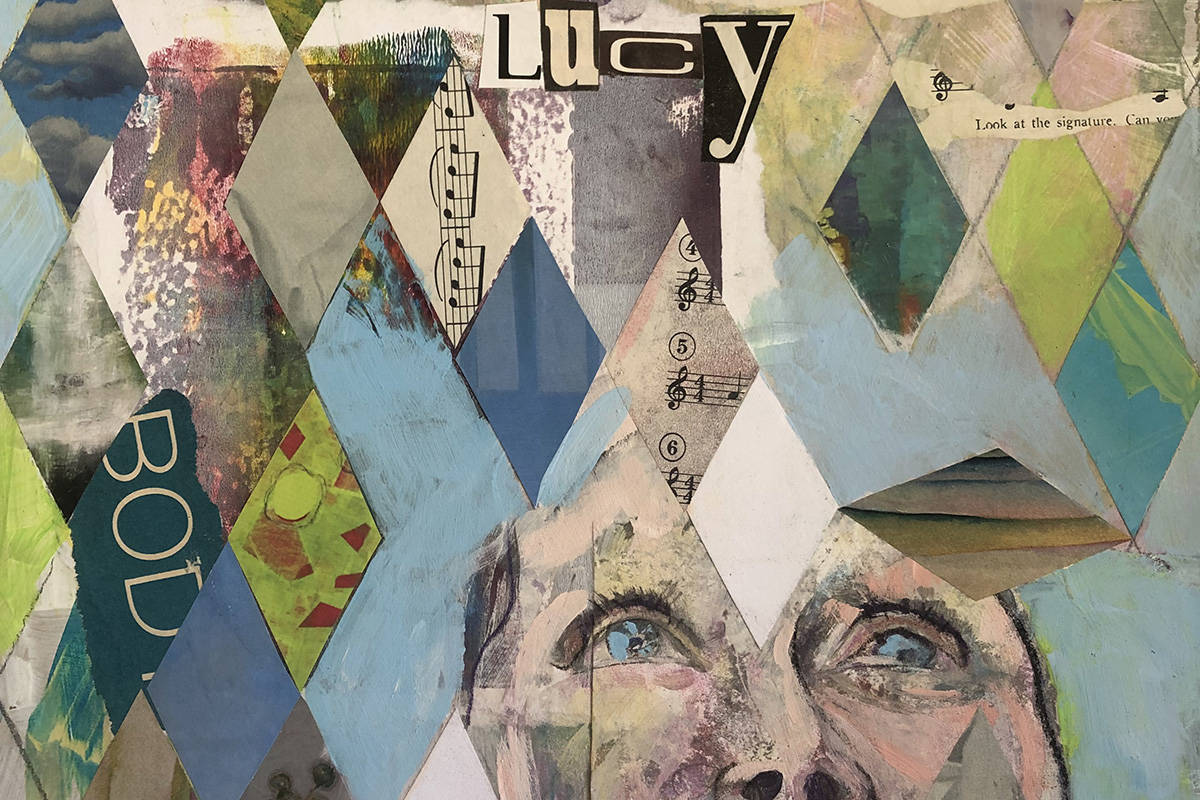 An acrylic and collage piece entitled Lucy, years later, by illustrator Marcia Semenoff. The Lucy in the Sky with Diamonds and Other Favourite Songs exhibit runs July 6 to 25 at the Tillicum Centre. (Courtesy of Marcia Semenoff)
