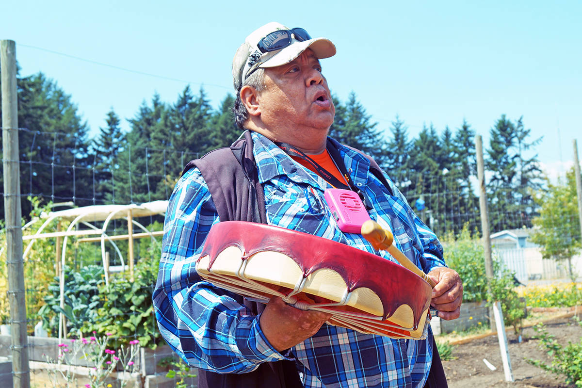 growing with unity
Elder Sit-A-Luk Raymond Peter, also known as Brother Rick through his work with the Sooke School District, opens the Indigenous and Pollinator Garden at Colwood City Hall on July 2. (Rick Stiebel/News Staff)
See story page 5