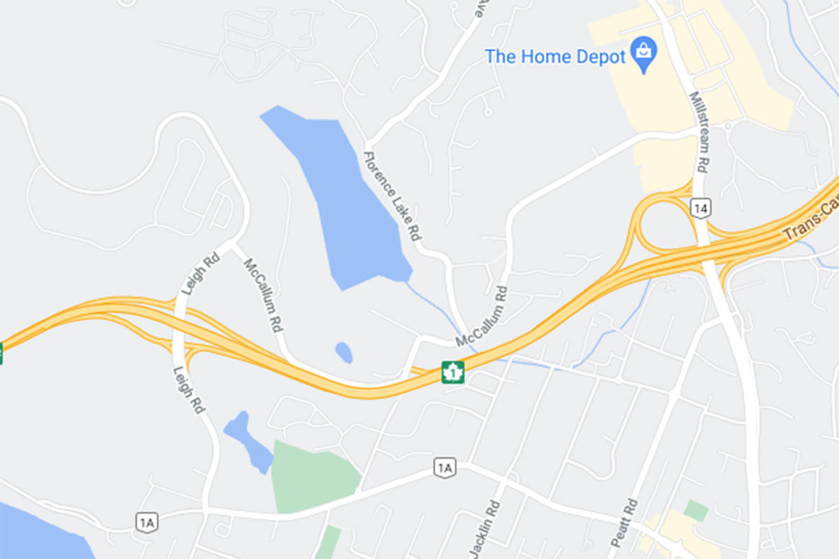 The passing lane in each direction on a section of the Trans-Canada Highway through Langford will be closed for three hours Thursday night. (Courtesy of Google Maps)