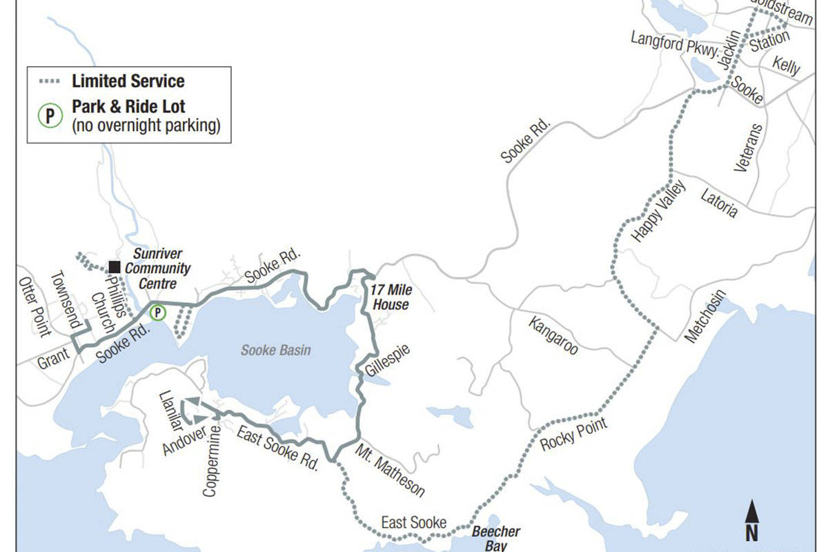 B.C. Transit is asking for public feedback on a bus route change that will connect East Sooke to Langford through Scia’new First Nation (Beecher Bay) beginning in January 2022. (Courtesy B.C. Transit)