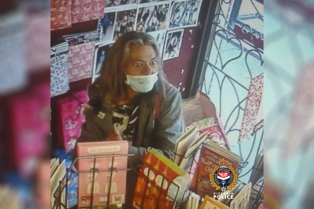 Victoria police are asking for help identifying a 60-year-old woman suspected of stealing multiple items from a romance shop in the 2000-block of Douglas Street July 8. (Courtesy VicPD)