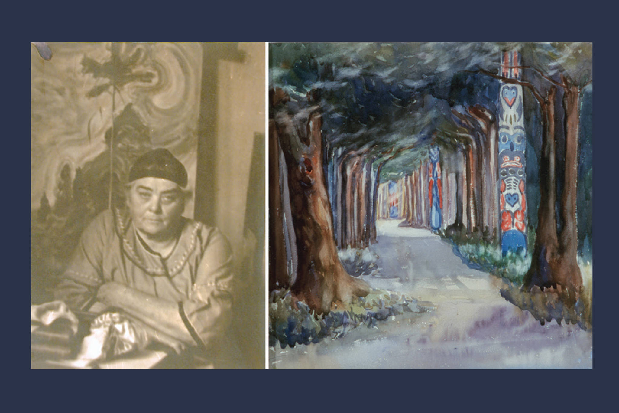 Left, Harold Mortimer Lamb, Emily Carr in her studio, c.1939 (1980.087.003). Right, Emily Carr, Totem Walk at Sitka, 1907 (1994.055.004)