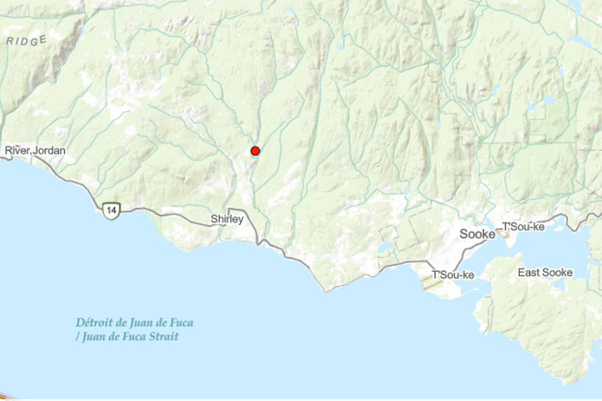 The Muir Creek fire is north of Shirley, a small community west of Sooke on south Vancouver Island’s west coast. (B.C. Wildfire Service map)