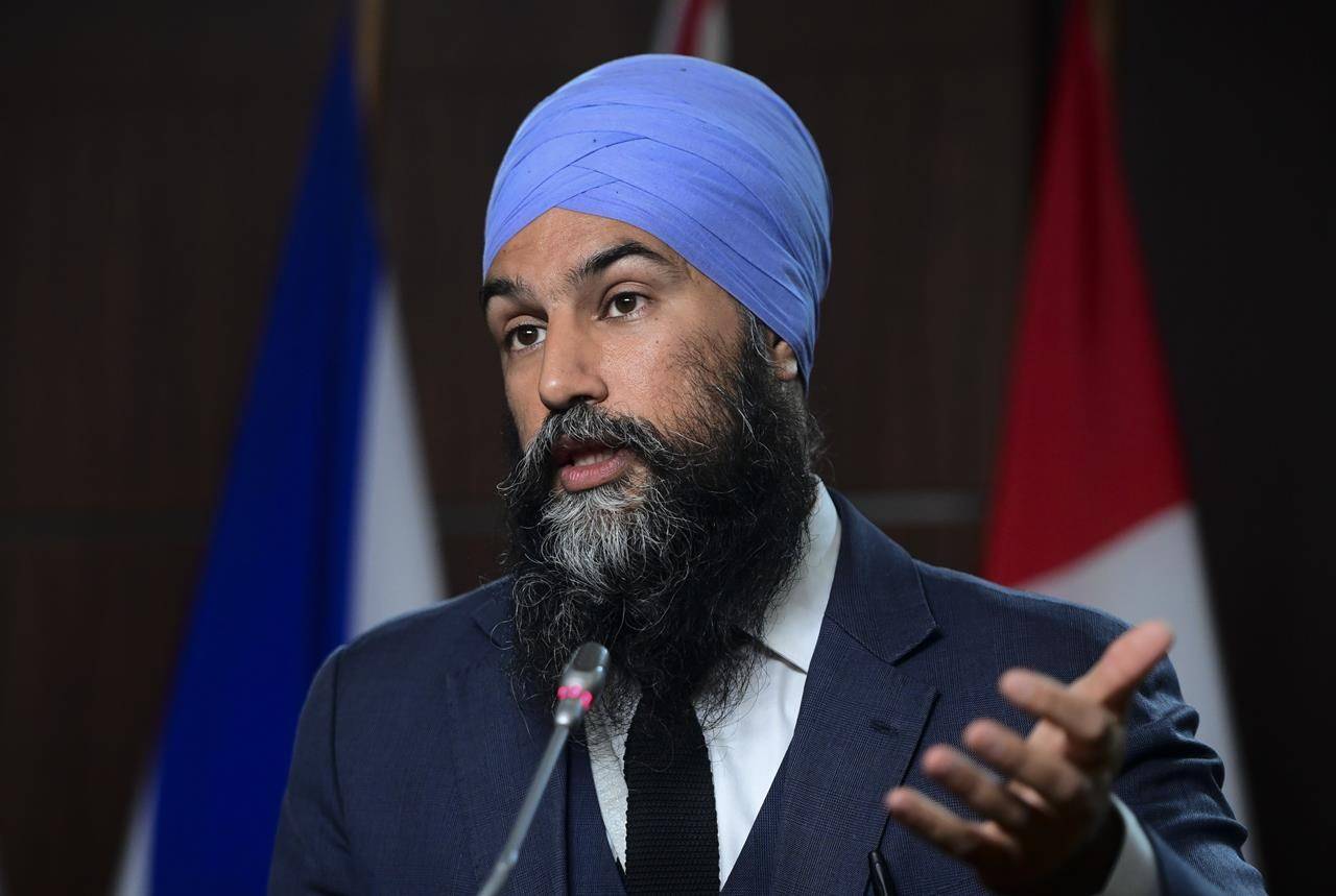 NDP Leader Jagmeet Singh holds a press conference on Parliament Hill in Ottawa on Wednesday, June 23, 2021. THE CANADIAN PRESS/Sean Kilpatrick
