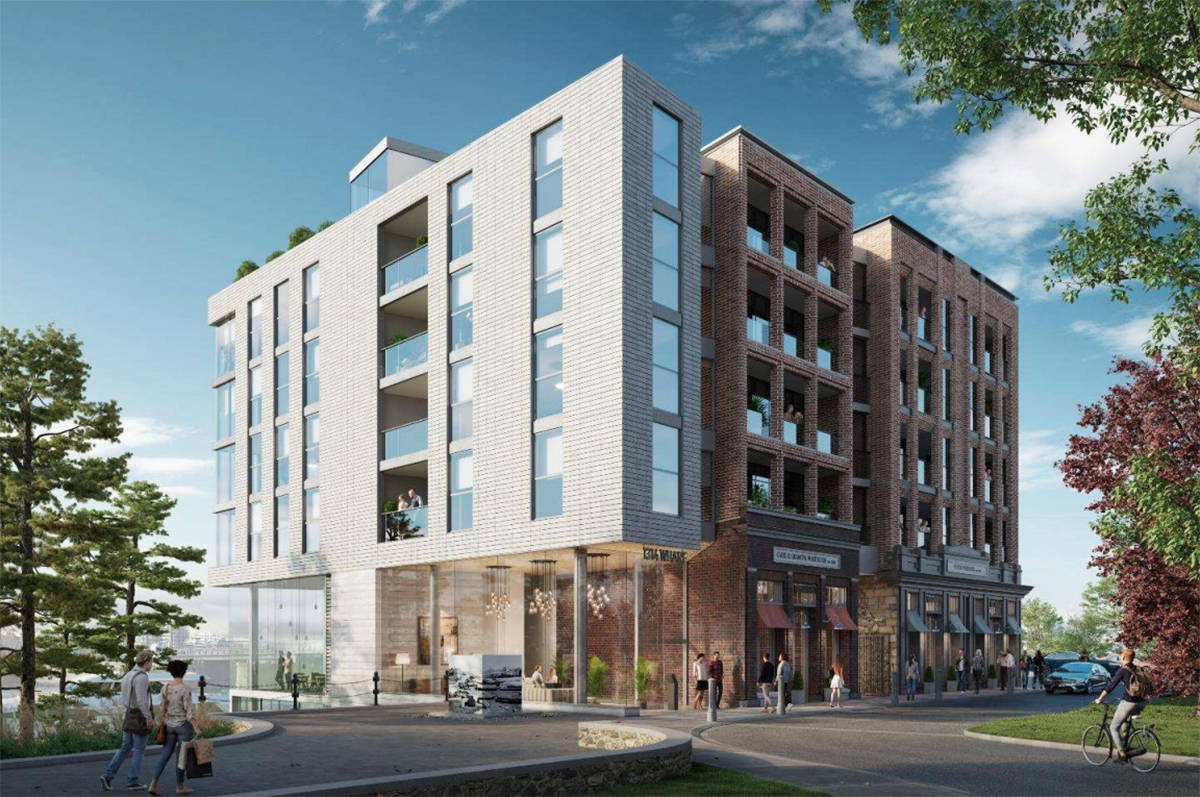 Rendering of the proposed residential and commercial building on the Northern Junk property on Wharf Street. A long public hearing July 29 saw Victoria council postpone the discussion and vote on the application until their Aug. 5 meeting. (Courtesy of the City of Victoria)