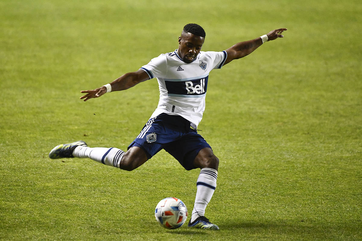 Vancouver Whitecaps forward Cristian Dajome passes the ball during the second half of the team’s MLS soccer match against Minnesota United, Saturday, July 31, 2021, in Sandy, Utah. (AP Photo/Alex Goodlett)