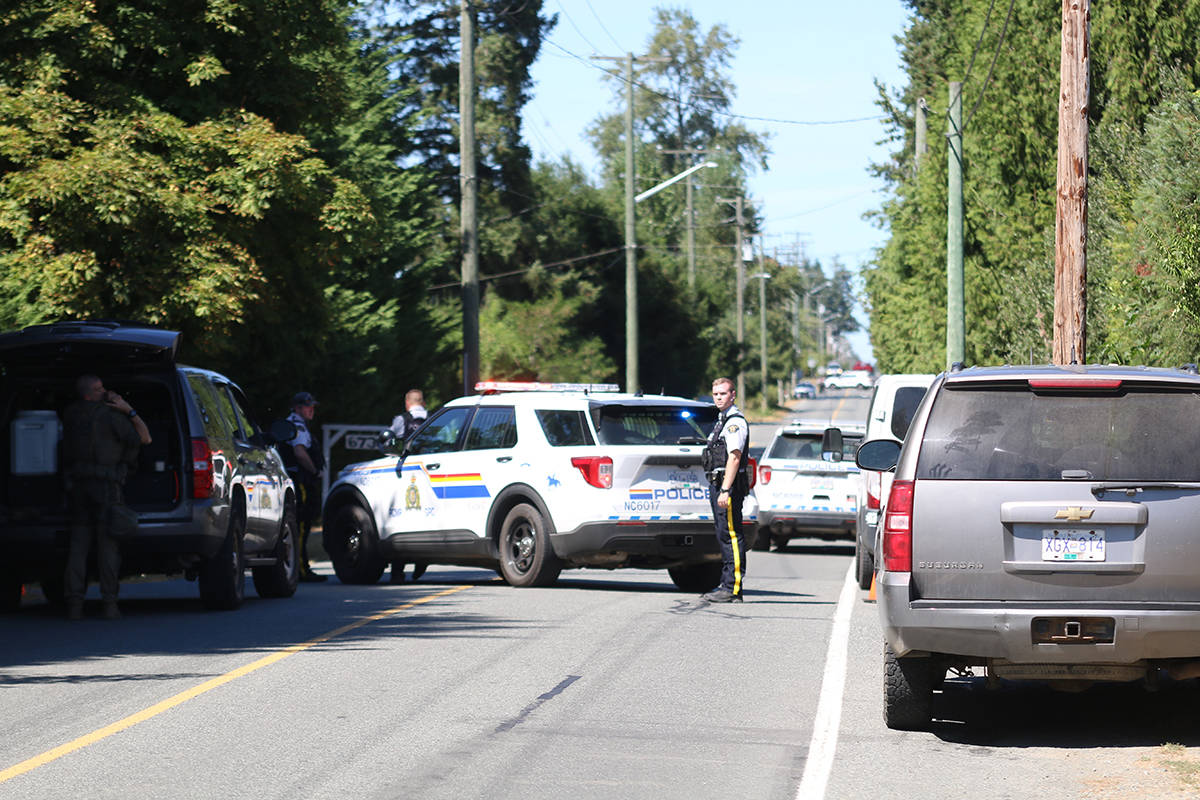 RCMP officers have blocked off a section of Bell McKinnon Road north of Duncan Wednesday afternoon, Aug. 4, 2021. (Kevin Rothbauer/Citizen)