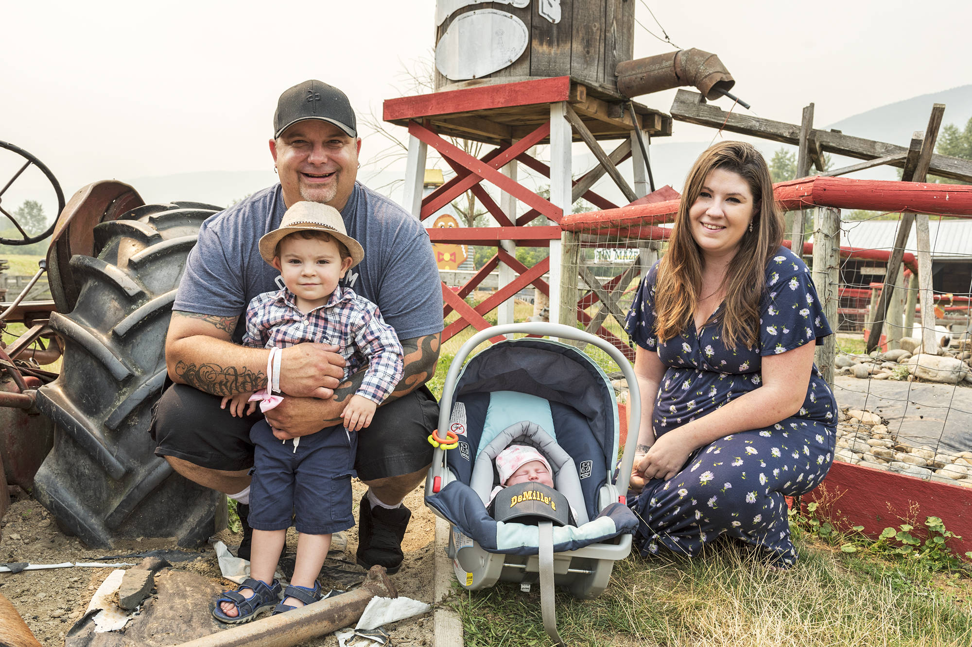 Chad, son Daxton, daughter Trinity and wife Shanel pose for a photo at DeMille’s Farm Market where Trinity was born in the early morning hours of on Aug. 3, 2021. (Lachlan Labere-Salmon Arm Observer)