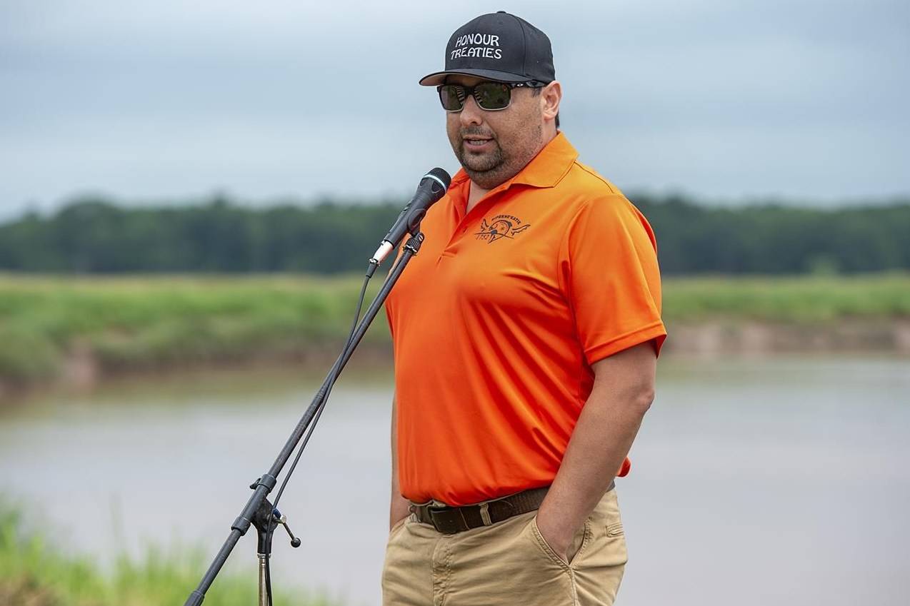 Sipekne’katik First Nation Chief Mike Sack addresses the crowd in Shubenacadie, N.S., on July 1, 2021. THE CANADIAN PRESS/Andrew Vaughan
