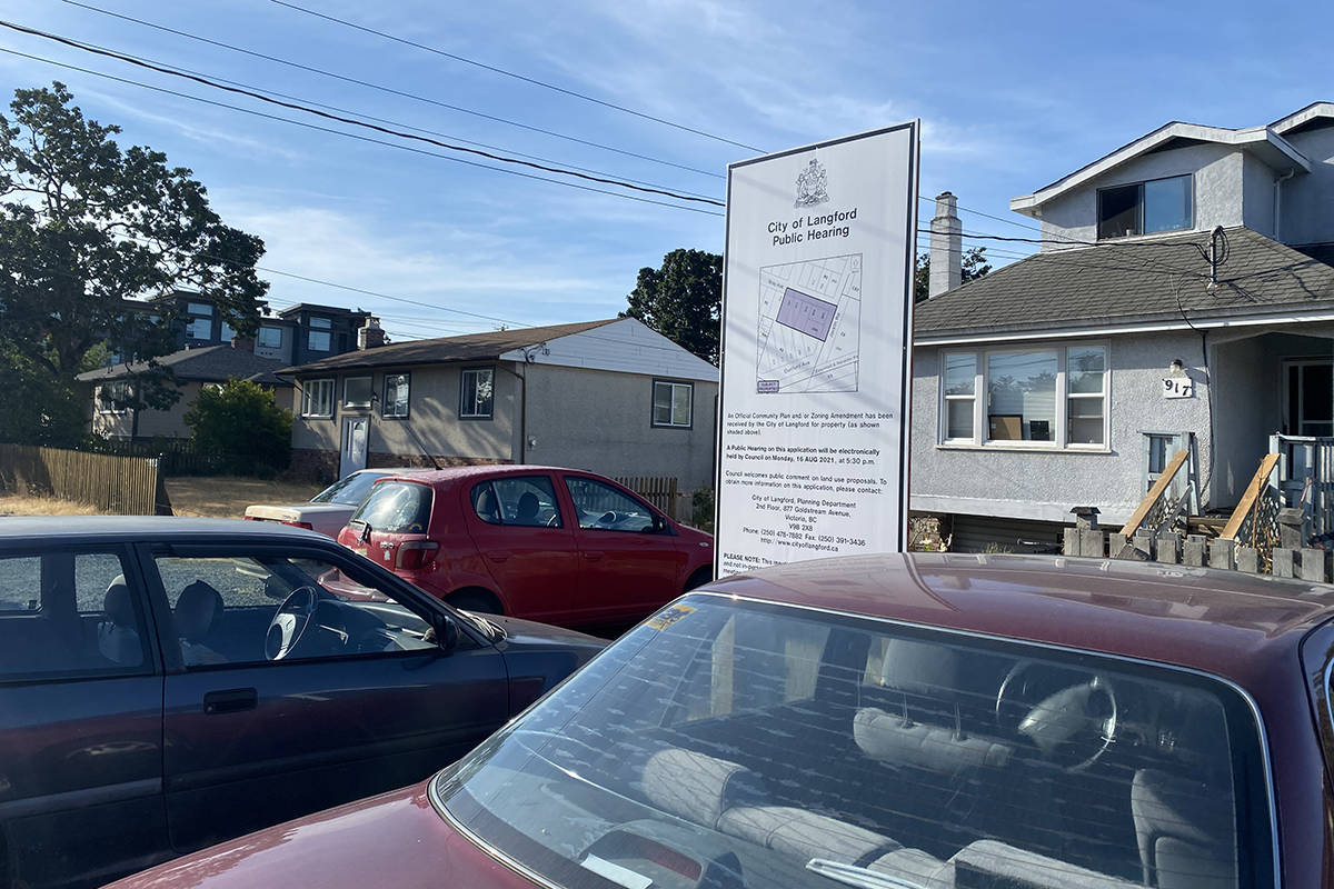 Seven addresses at Bray Avenue and Jacklin Road could be demolished and turned into an apartment building with commercial space, if Langford approves a rezoning application. (Zoe Ducklow/News Staff)