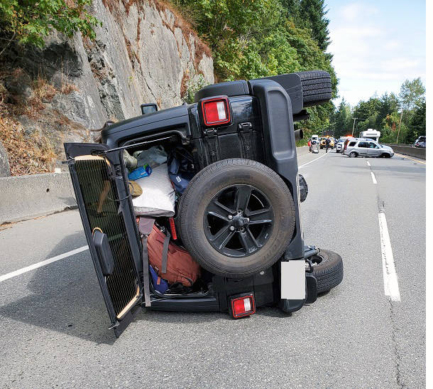 One vehicle ended up on its side in Sunday Trans Canada Highway collision. (Photo submitted)